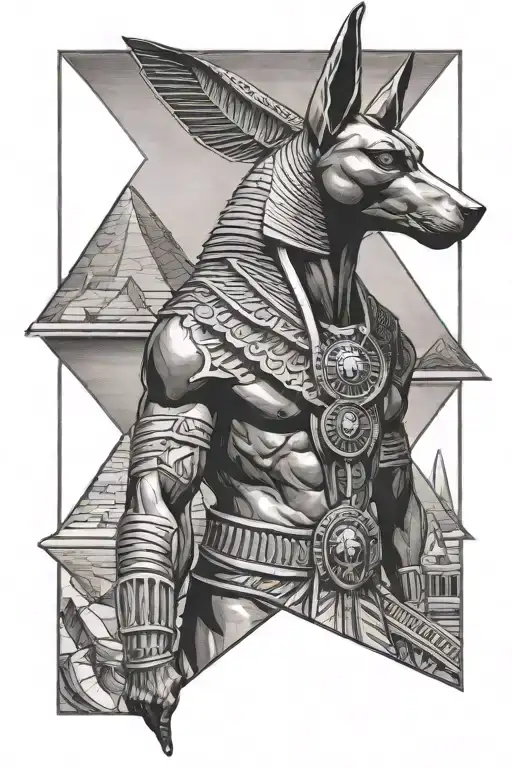 Egyptian god Anubis surrounded by the pyramids of Giza, an Illuminati eye & an alien spaceship beaming on the pyramids tattoo design idea
