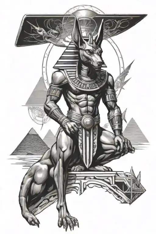 Egyptian god Anubis surrounded by the pyramids of Giza, an Illuminati eye & an alien spaceship beaming on the pyramids tattoo design idea