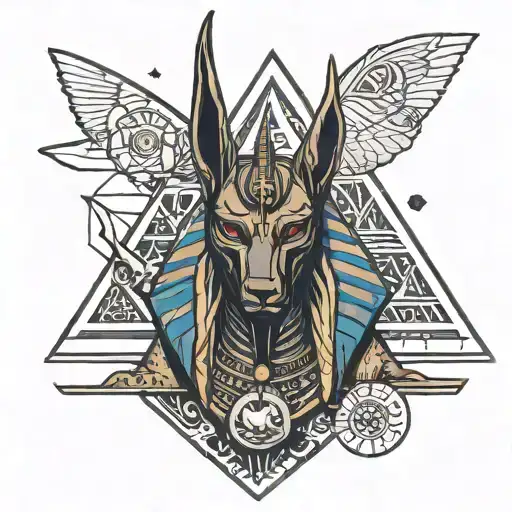 ancient Egyptian god Anubis with the pyramids, the Illuminati eye, and an alien space  tattoo design idea