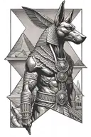 Egyptian god Anubis surrounded by the pyramids of Giza, an Illuminati eye & an alien spaceship beaming on the pyramids tattoo design idea