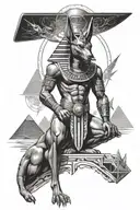 Egyptian god Anubis surrounded by the pyramids of Giza, an Illuminati eye & an alien spaceship beaming on the pyramids tattoo design idea