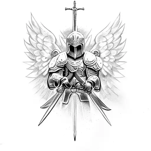 Shoulder Armor with an angel holding a sword inscribed on it tattoo design idea