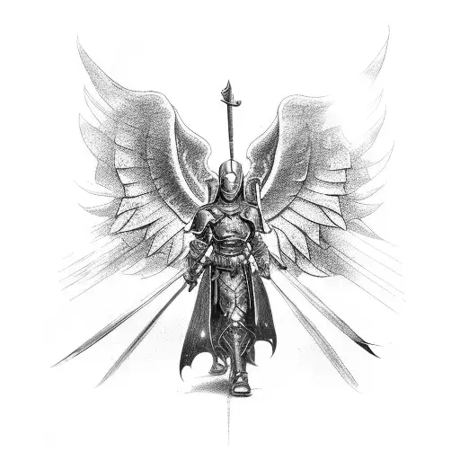 should tattoo that has Shoulder Armor with an angel holding a sword inscribed on it tattoo design idea