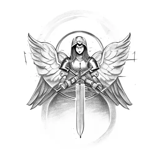 angel with sword in a circle on a shoulder armor tattoo design idea
