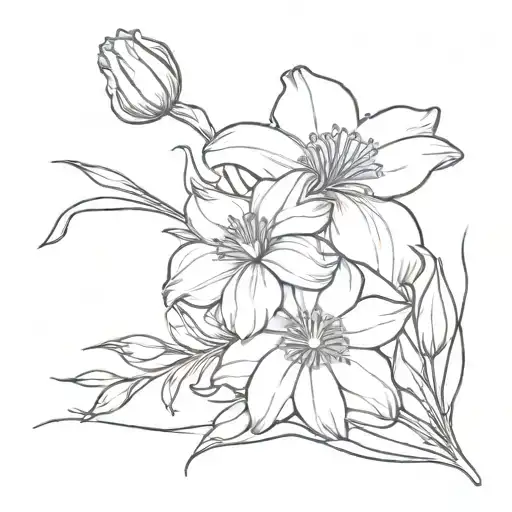 a bouquet with 1 rose, 1 violet, 1 daffodil and 2 asters. fine line from the side with stems and a bow tattoo design idea