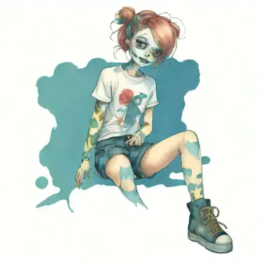 Voodoo doll girl with broke leg wearing band tee and shorts tattoo design idea