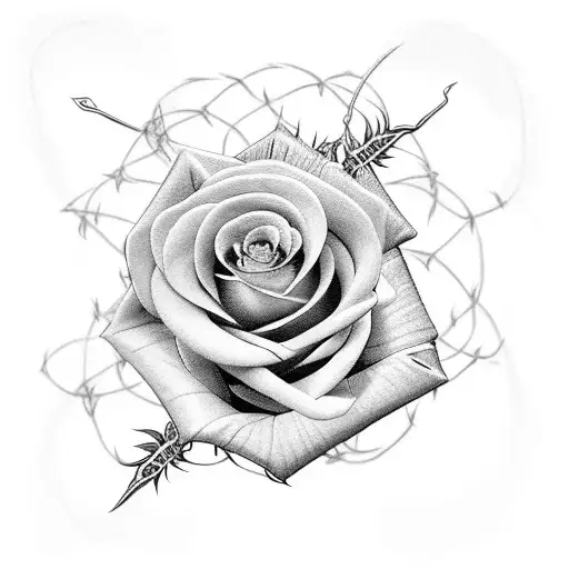 rose bush with barbed wire weaving through tattoo design idea