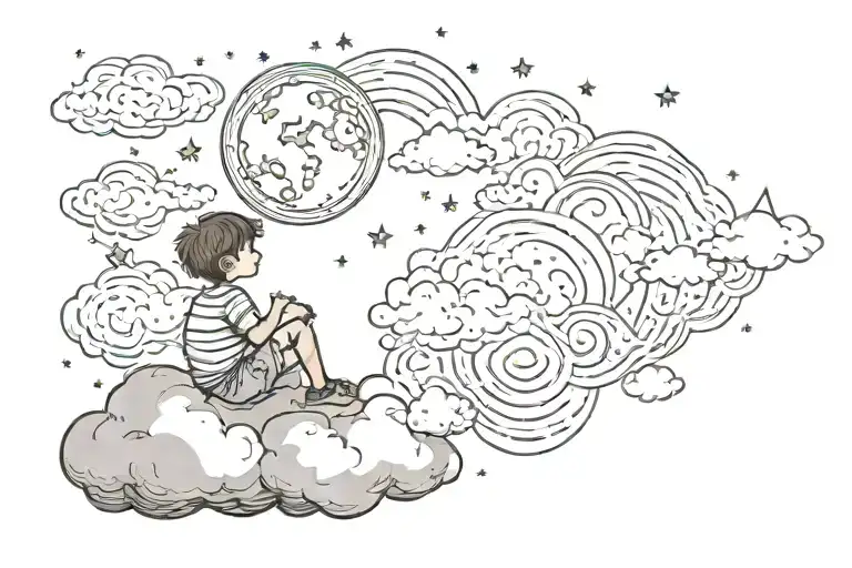 Clouds, stars, a boy sitting on a cloud looking at the growing moon tattoo design idea