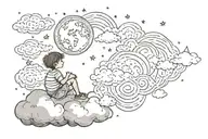 Clouds, stars, a boy sitting on a cloud looking at the growing moon tattoo design idea