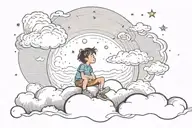 Clouds, stars, a boy sitting on a cloud looking at the growing moon tattoo design idea