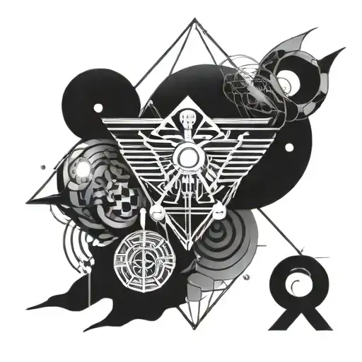 Quantum mechanics intertwined with ancient Egyptian symbols tattoo design idea