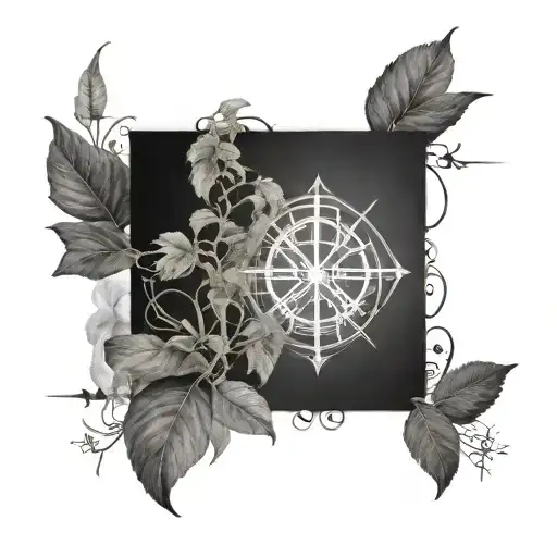 A surreal design merging quantum particles with tobacco plants and runic script tattoo design idea