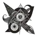 Quantum mechanics intertwined with ancient Egyptian symbols tattoo design idea