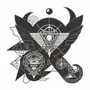 Quantum mechanics intertwined with ancient Egyptian symbols tattoo design idea