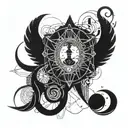 Quantum mechanics intertwined with ancient Egyptian symbols tattoo design idea