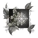 A surreal design merging quantum particles with tobacco plants and runic script tattoo design idea