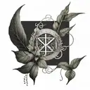 A surreal design merging quantum particles with tobacco plants and runic script tattoo design idea