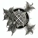 A surreal design merging quantum particles with tobacco plants and runic script tattoo design idea