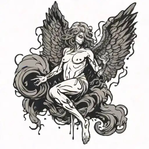 A fallen angel with wings made of poison dripping down its back, surrounded by swirling black clouds tattoo design idea