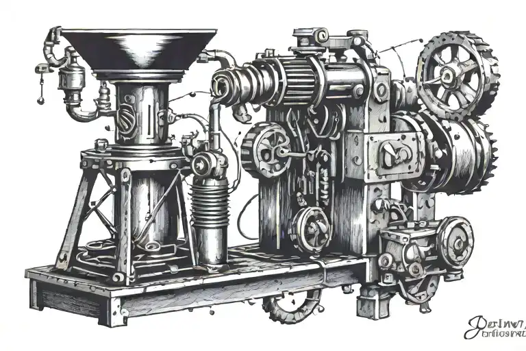 A dotwork tattoo of a well drilling machine with musical notes coming out of the drill tattoo design idea