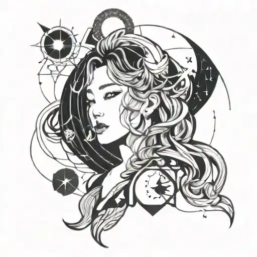 A celestial-themed tattoo featuring Kim Taeyeon as a moon goddess surrounded by the members of Red Velvet, with a futuristic twist inspired by Aespa's concept tattoo design idea