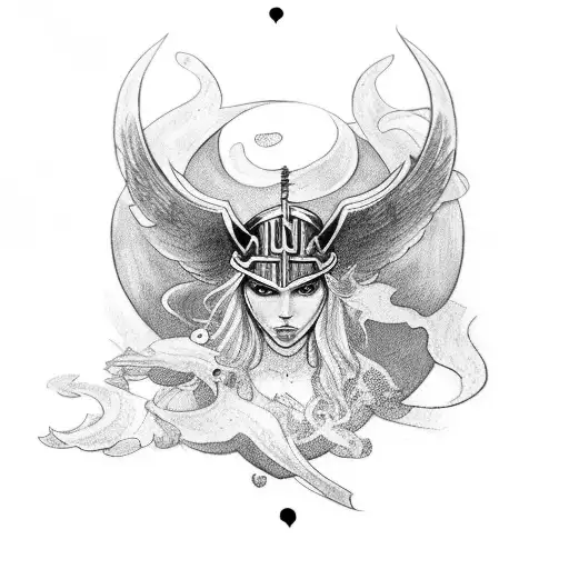 norse full sleeve with valkyrie, a war scene and runes tattoo design idea