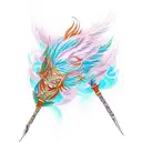 pair of feathers from Xayah and rakan from league of legends featuring fire tints tattoo design idea