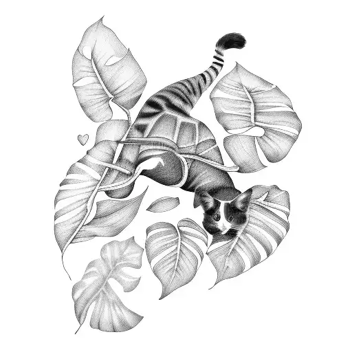 Monstera and philodendron leaves with a guinea-pig, a turtle and a cat hiding in the foliage tattoo design idea