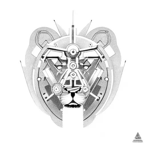 Mechanical lion with gears and tools representing car mechanics and Kurdistan tattoo design idea
