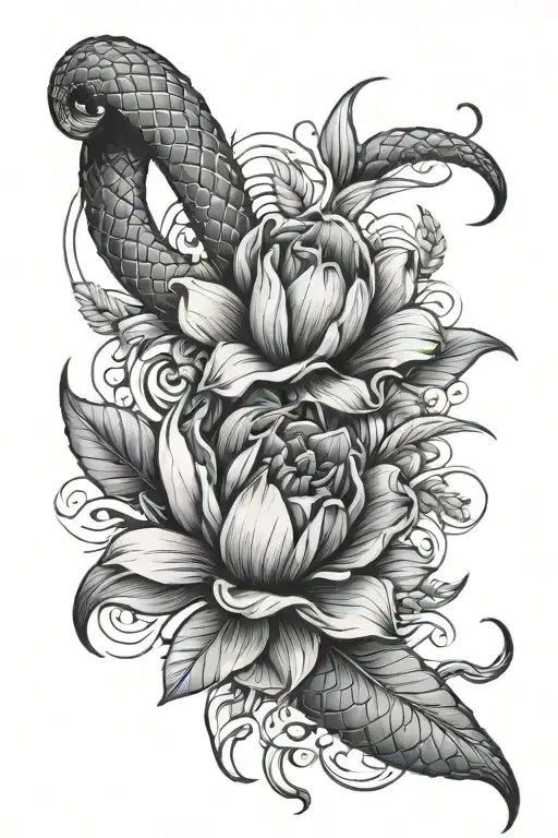 snake, daggers and tulip flower blooming tattoo design idea