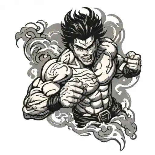 A black and grey tattoo of Baki in a fierce fighting stance, with smoke and alcohol bottles in the background tattoo design idea