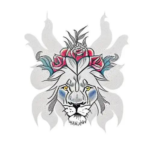 Lion, flowers, Phoenix  tattoo design idea