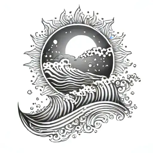 waves and sun tattoo design idea