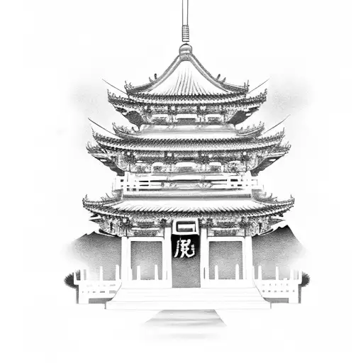 Chinese temple with doors open and a dead samurai inside  tattoo design idea