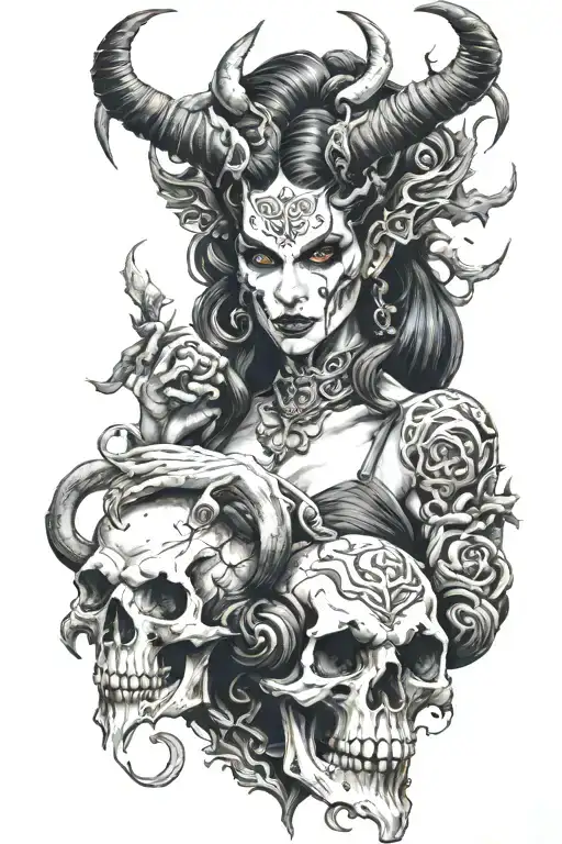 Female demon succubus holding a skull tattoo design idea