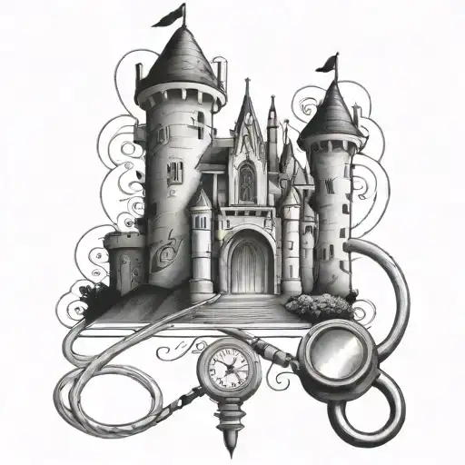 A black-grey tattoo of the Disney castle with a stethoscope wrapped around it, blending the client's love for Disney and their occupation in medicine tattoo design idea