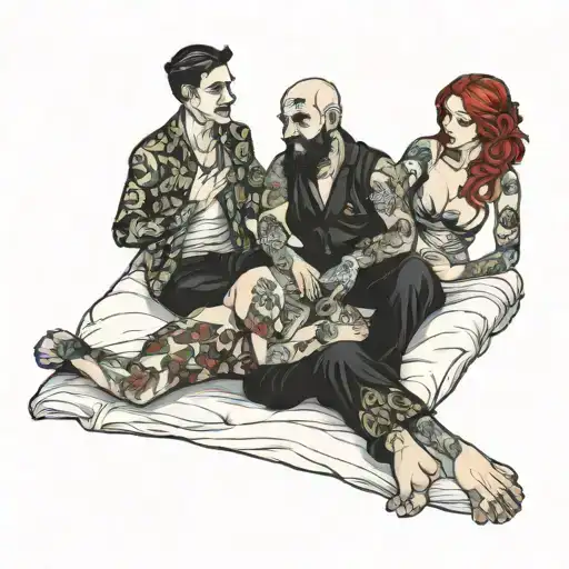four people on a bed tattoo design idea