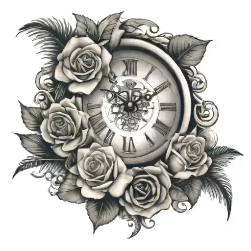 clock, roses, clouds, eyes, palmtree tattoo design idea
