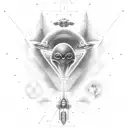 alien ship with DNA beam and atom illuminated tattoo design idea