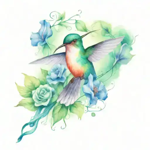 delicate hummingbird with a skull and flowers/vines tattoo design idea