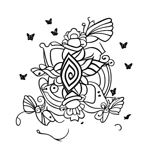 A traditional-style tattoo of a pride flag with little butterflies flying around it tattoo design idea
