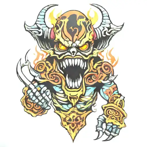 A colorful sinister and evil tattoo designed to go on a thigh,for a Club named Savage League Unleashing Terror  tattoo design idea