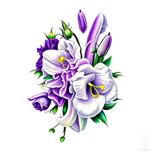 Rose Honeysuckle Violet Carnation and Snowdrop bouquet  tattoo design idea