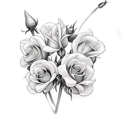 Rose Honeysuckle Violet Carnation and Snowdrop bouquet  tattoo design idea