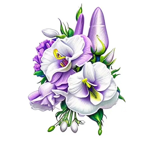 Rose Honeysuckle Violet Carnation and Snowdrop bouquet  tattoo design idea