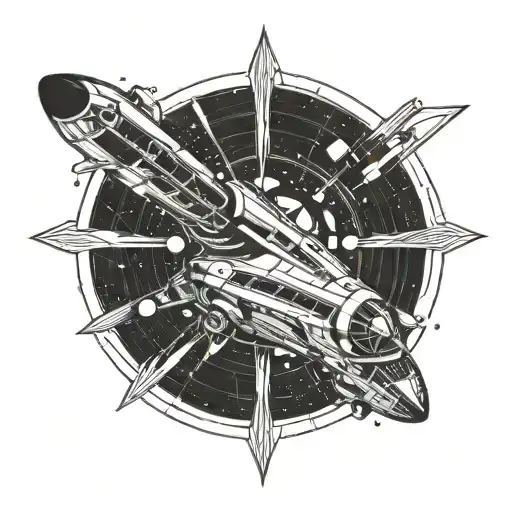 A blackwork tattoo of a futuristic spaceship traveling through a wormhole, inspired by the movie Interstellar tattoo design idea