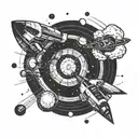 A blackwork tattoo of a futuristic spaceship traveling through a wormhole, inspired by the movie Interstellar tattoo design idea