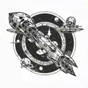 A blackwork tattoo of a futuristic spaceship traveling through a wormhole, inspired by the movie Interstellar tattoo design idea