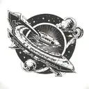 A blackwork tattoo of a futuristic spaceship traveling through a wormhole, inspired by the movie Interstellar tattoo design idea