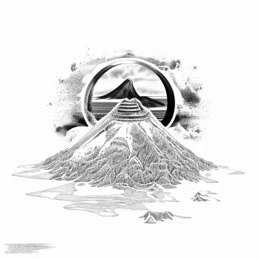 landscapes with the Uturunku volcano in Bolivia and the ocean in reference to Latin America with sea lions and turtles i tattoo design idea